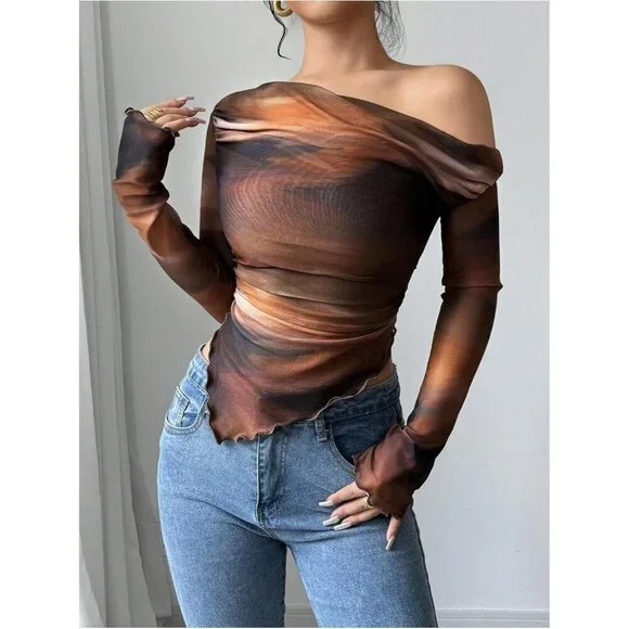 Women's Tie Dye Mesh Off Shoulder T Shirt Long Sleeve Ruched Fitted Tee - Picture 3 of 5